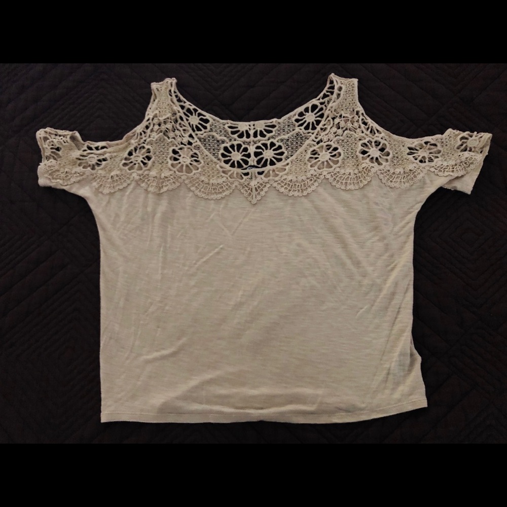 Cream lace, off the shoulder shirt.